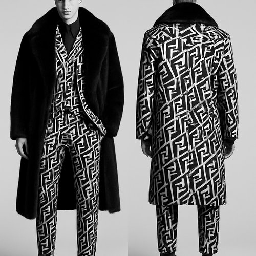 Men’s high fashion, sportswear, three-piece suit and overcoat, black and white Fendi Avangard with black mink fur