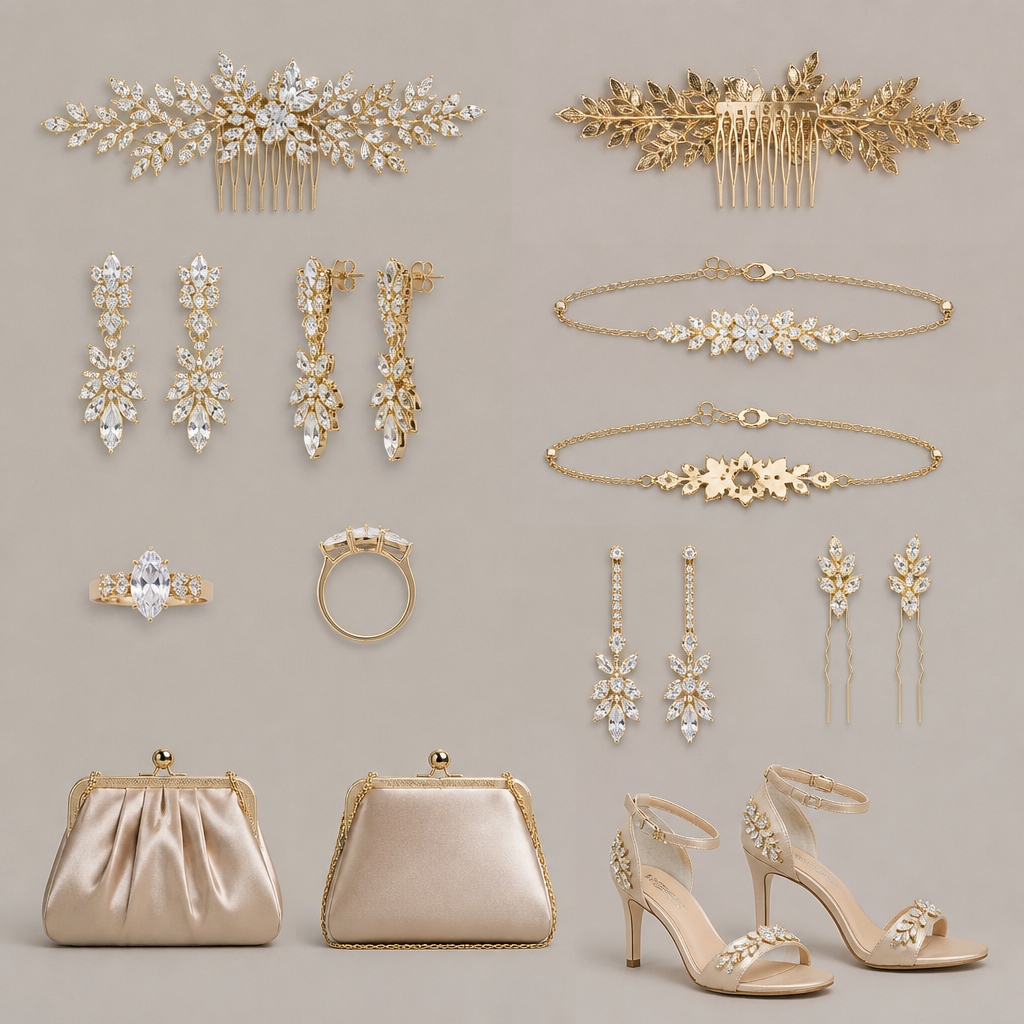 photorealistic fashion design, A Accessories design, for Wedding, in Glamorous style, glamorous style, just the design no text, show front and back. Refinement: more accessories for a bridesmaid
photorealistic fashion design, photorealistic fashion design, A Accessories design, for Wedding, in Glamorous style, glamorous style, just the design no text, show front and back. Refinement: more accessories for a bridesmaid , just the design no text