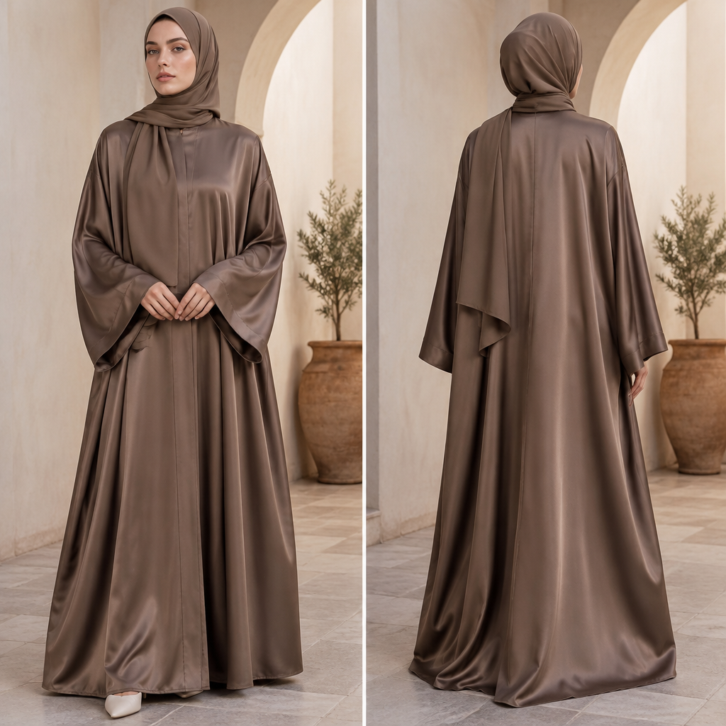 A Abaya design, made of Satin, with a sleek, smooth finish, with an Oversized silhouette, with modest, full coverage: longer hemlines, higher necklines and covered shoulders, in a Monochrome color palette, for Casual, suitable for Fall, suited to a Temperate climate, in Elegant style, shown on a model with light skin and an athletic build. Tunisia fashion aesthetics. Present it as professional fashion catalogue photography: the garment is the subject, shown full-length with editorial styling, neutral posing and tasteful, non-suggestive framing.
photorealistic fashion design, A Abaya design, made of Satin, with a sleek, smooth finish, with an Oversized silhouette, with modest, full coverage: longer hemlines, higher necklines and covered shoulders, in a Monochrome color palette, for Casual, suitable for Fall, suited to a Temperate climate, in Elegant style, shown on a model with light skin and an athletic build. Tunisia fashion aesthetics. Present it as professional fashion catalogue photography: the garment is the subject, shown full-length with editorial styling, neutral posing and tasteful, non-suggestive framing., elegant style, just the design no text, show front and back