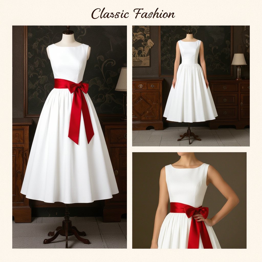 Bridal Waite drees with big scarlet in the chest perils For wedding
Classic fashion: White cotton dress with a round neckline and a scarlet silk sash at the natural waist.