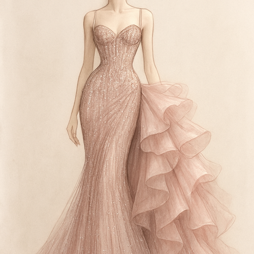 Here’s a perfectly detailed AI prompt you can use in fashion illustration generators (like OpenArt, NewArc, Leonardo AI, or Midjourney) to recreate or restyle the pink dresses you uploaded:

⸻

✨ Prompt for Fashion Illustration

A luxurious haute couture evening gown design in soft blush pink, featuring a structured corset bodice adorned with shimmering crystal beads and sequins. The dress has a sweetheart neckline with a subtle notch in the center, emphasizing elegance and femininity. The fabric is delicate tulle layered with sparkling embellishments that cascade down in vertical lines. The silhouette is form-fitting through the waist and hips, then draped into an asymmetrical gathered skirt with dramatic volume on one side made of soft organza ruffles. The style exudes glamour and sophistication, perfect for a red carpet or prom look. Fashion illustration style, detailed sketch with soft lighting and realistic textures, front view on a mannequin or fashion figure.

⸻

🩰 Optional Add-ons for Variation

If you want to tweak the result:
	•	Add more glamour: “…with extra shimmer, reflective sequins, and elegant runway lighting.”
	•	Simplify: “…minimalist version without ruffles, focusing on bead detailing.”
	•	Illustration style:
	•	“in watercolor fashion illustration style”
	•	“digital painting with couture fabric textures”
	•	“vector fashion sketch with pastel tones”

⸻

Would you like me to write three variations of this prompt (e.g., realistic render, artistic illustration, and concept sketch) so you can try them across different apps?