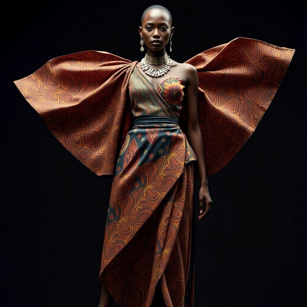 Outfit with innovative materials that united cultures
Design an avant-garde outfit featuring a flowing, asymmetrical silhouette, crafted from a fusion of traditional African Kente cloth and Japanese silk. The bodice incorporates LED-embedded textiles that illuminate patterns inspired by Indigenous art. Accentuate with intricate metallic accessories symbolizing unity, blending cultural narratives into a contemporary masterpiece of global fashion heritage.