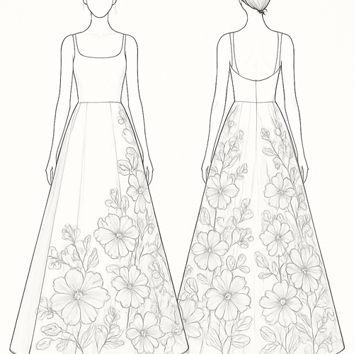 I want a white dress, and an over dress light in top but loaded with flowers below. Flowers to be mid sized and with silver bright on the border