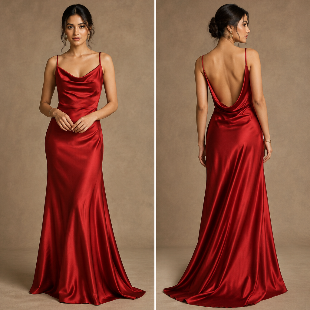 red satin modern backless dress. India fashion aesthetics. Present it as professional fashion catalogue photography: the garment is the subject, shown full-length with editorial styling, neutral posing and tasteful, non-suggestive framing.
photorealistic fashion design, red satin modern backless dress. India fashion aesthetics. Present it as professional fashion catalogue photography: the garment is the subject, shown full-length with editorial styling, neutral posing and tasteful, non-suggestive framing., just the design no text