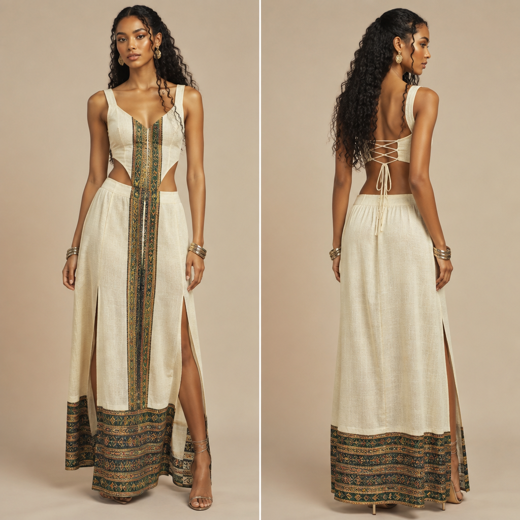 in Y2K style. Ethiopia fashion aesthetics. Present it as professional fashion catalogue photography: the garment is the subject, shown full-length with editorial styling, neutral posing and tasteful, non-suggestive framing.
photorealistic fashion design, in Y2K style. Ethiopia fashion aesthetics. Present it as professional fashion catalogue photography: the garment is the subject, shown full-length with editorial styling, neutral posing and tasteful, non-suggestive framing., y2k style, just the design no text