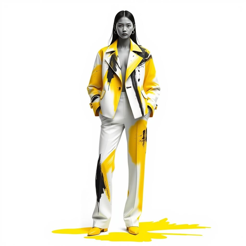 White Color block jacket and pants, shades of yellow and black
Create an artsy-inspired fashion ensemble featuring a white color block jacket adorned with abstract yellow and black brushstroke patterns. Pair it with tailored pants that elegantly blend splashes of color, creating an artistic visual impact. Incorporate asymmetrical cuts and oversized pockets for a bold, avant-garde touch that celebrates creative expression.