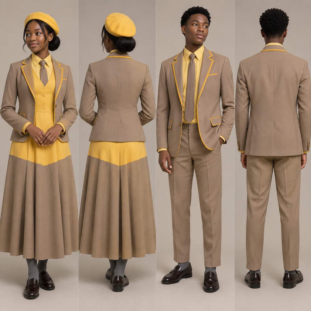 photorealistic fashion design, photorealistic fashion design, A Male Top design, with modest, full coverage: longer hemlines, higher necklines and covered shoulders, suitable for Spring. design a light brown blazer with yellow accents. For both male and female.
A fit and flare dress top half yellow, bottom half light brown, almost reaching ankles. A light brown tie, yellow barrett and grey socks. For the female.
A light brown relaxed trouser, reaching ankles. A yellow shirt, light brown tie and grey socks. For the male
Nice school shoes for both. Both must be wearing blazer . Present it as professional fashion catalogue photography: the garment is the subject, shown full-length with editorial styling, neutral posing and tasteful, non-suggestive framing., just the design no text, show front and back. Refinement: Use black teenagers as models , just the design no text. Refinement: use golden yellow
photorealistic fashion design, photorealistic fashion design, photorealistic fashion design, A Male Top design, with modest, full coverage: longer hemlines, higher necklines and covered shoulders, suitable for Spring. design a light brown blazer with yellow accents. For both male and female.
A fit and flare dress top half yellow, bottom half light brown, almost reaching ankles. A light brown tie, yellow barrett and grey socks. For the female.
A light brown relaxed trouser, reaching ankles. A yellow shirt, light brown tie and grey socks. For the male
Nice school shoes for both. Both must be wearing blazer . Present it as professional fashion catalogue photography: the garment is the subject, shown full-length with editorial styling, neutral posing and tasteful, non-suggestive framing., just the design no text, show front and back. Refinement: Use black teenagers as models , just the design no text. Refinement: use golden yellow
, just the design no text