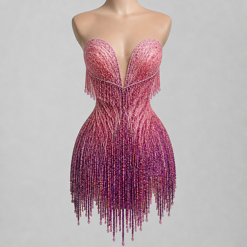 Add beaded fringe along bottom of bust line
edit the attached fashion design with these instructions: Add beaded fringe along bottom of bust line. keep it photorealistic, just the design no text