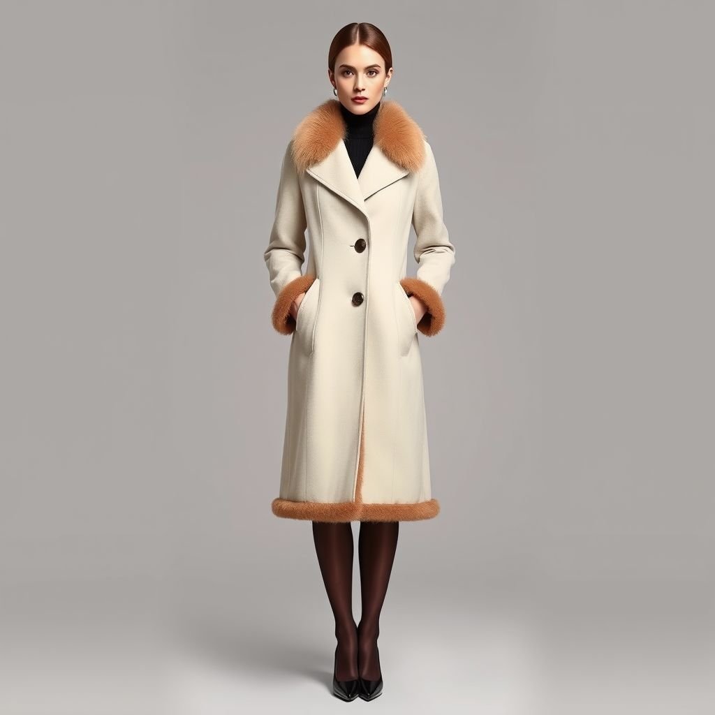 Ladies overcoat, overknee, wool fabric, unlined, chinchilla details on collar and front edge, ecru colour, a shape
Design an elegant ladies' overcoat that gracefully falls over the knee, crafted from luxurious unlined wool in a sophisticated ecru hue. The coat features exquisite chinchilla detailing on the collar and front edge, adding a touch of opulence. Emphasize a tailored silhouette that enhances femininity while exuding timeless allure and refinement.