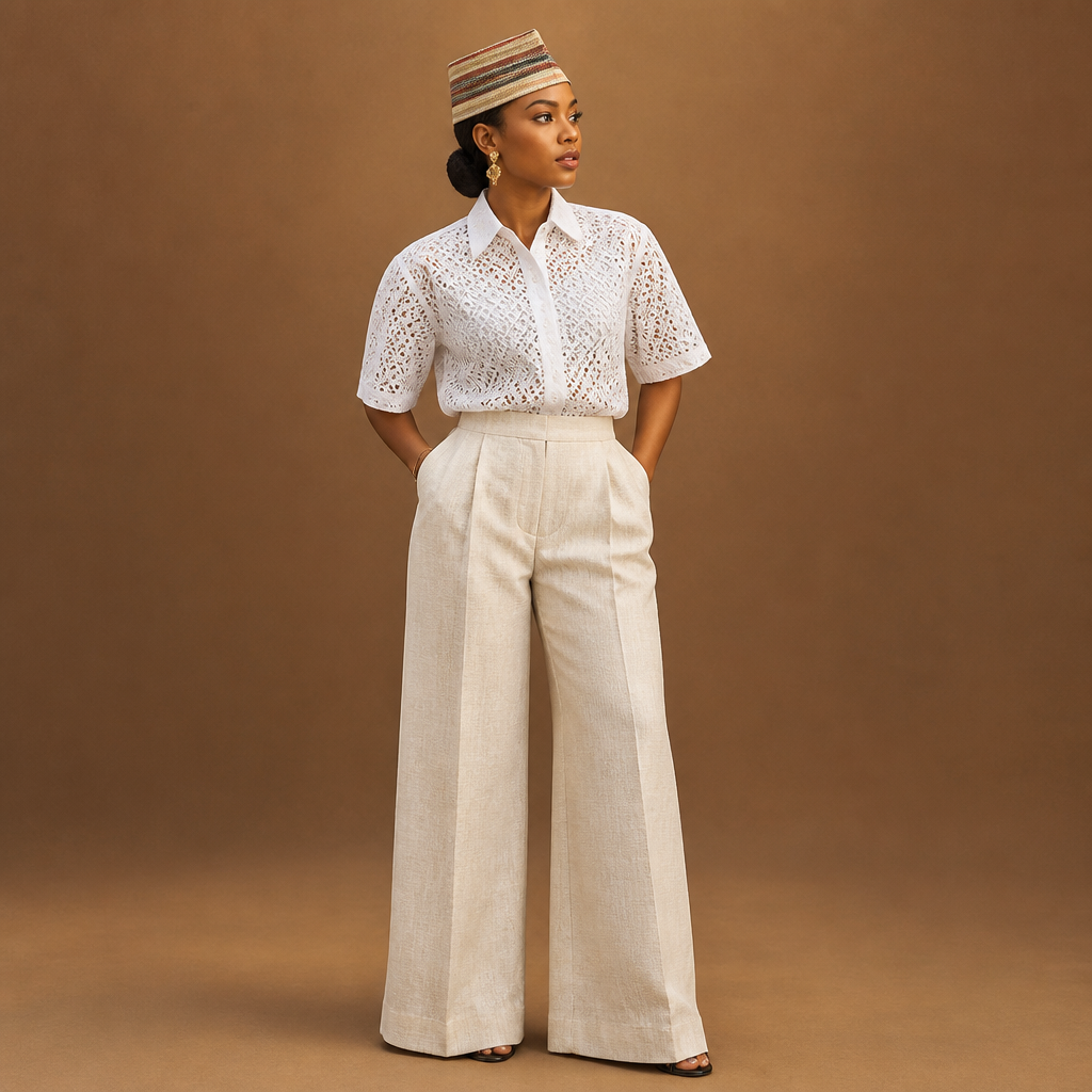 A Female Dress design, suitable for Summer. a wide legged trouser sewn with admire fabric with a top sewn with a dry lace fabric (the top will be like a men's wear) short sleeve with native cap made with stripped asooke on a size 6 female. Nigeria fashion aesthetics.
photorealistic fashion design, A Female Dress design, suitable for Summer. a wide legged trouser sewn with admire fabric with a top sewn with a dry lace fabric (the top will be like a men's wear) short sleeve with native cap made with stripped asooke on a size 6 female. Nigeria fashion aesthetics., just the design no text