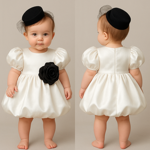 一歳の女の子着用画
白のサテンドレス、バルーンスカートで丈は膝上
パフスリーブ(ボリュームあり)
サテンの黒の大きなバラをアクセントでつけて
頭には黒のカクテルハット
