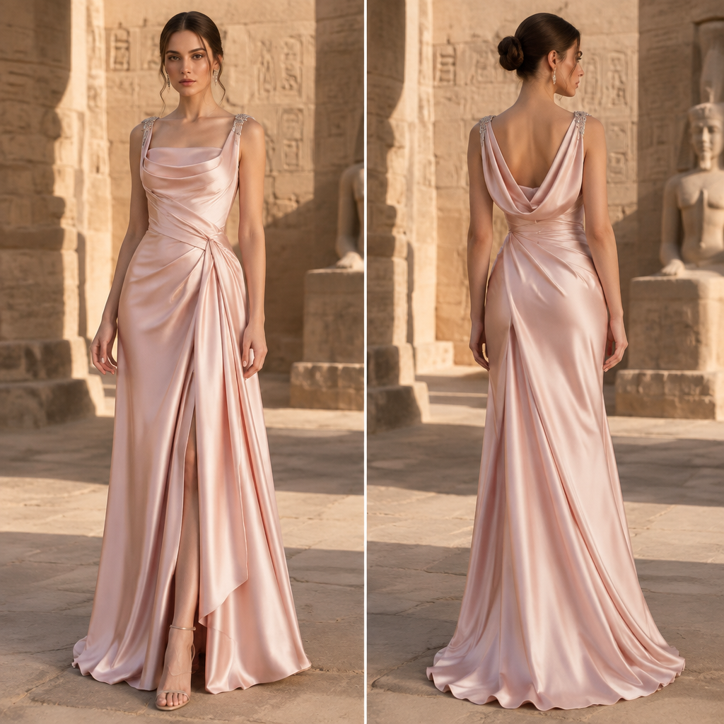 A Dress design, made of Satin, with a sleek, smooth finish, with a Tailored silhouette, in a Pastels color palette, for Party, suitable for Spring, suited to a Temperate climate, in Elegant style, shown on a model with light skin and a slim figure. Egypt fashion aesthetics. Present it as professional fashion catalogue photography: the garment is the subject, shown full-length with editorial styling, neutral posing and tasteful, non-suggestive framing.
photorealistic fashion design, A Dress design, made of Satin, with a sleek, smooth finish, with a Tailored silhouette, in a Pastels color palette, for Party, suitable for Spring, suited to a Temperate climate, in Elegant style, shown on a model with light skin and a slim figure. Egypt fashion aesthetics. Present it as professional fashion catalogue photography: the garment is the subject, shown full-length with editorial styling, neutral posing and tasteful, non-suggestive framing., elegant style, just the design no text, show front and back