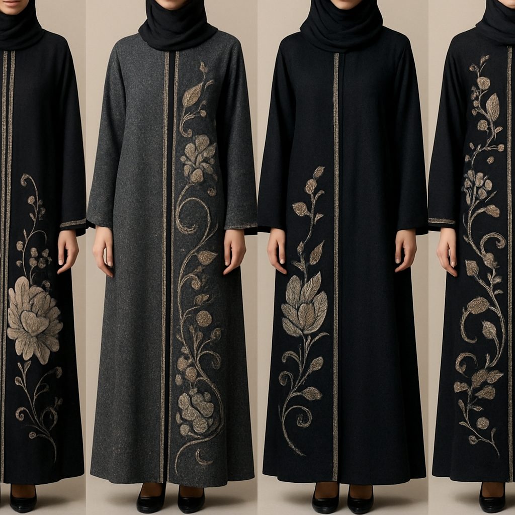 Create a modest abaya that's the first of its kind, featuring a unique stone design that exudes a classy and sophisticated vibe. I'd like four designs, each showcasing different styles and fabrics.Incorporate high-end, unique chic stone designs to make them truly special. And add little cute touch of sophisticated stone designs. Add huge flower and unique designs.
Create a modest abaya that's the first of its kind, featuring a unique stone design that exudes a classy and sophisticated vibe. I'd like four designs, each showcasing different styles and fabrics.Incorporate high-end, unique chic stone designs to make them truly special. And add little cute touch of sophisticated stone designs. Add huge flower and unique designs.