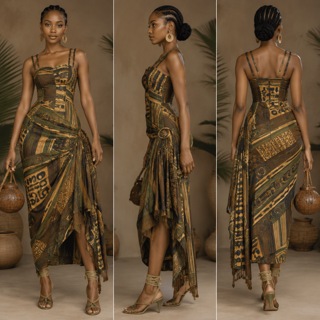 A Female Dress design, with a Tailored silhouette, in Elegant + African + Indigenous style. produis moi un un vêtement à l'humeur culturelle africaine ,longe jupe qui penche sur le côté à gauche et un long haut qui penche également sur le côté à gauche avec quatres Brettelles de haut, 2 de chaque côté . les chaussures doivent être des sandales avec des petites cordes en feuilles de palmiers tout autour. dans la main un sac en forme de noix de coco . les cheveux de la femme doivent être natés de manière africaine Present it as professional fashion catalogue photography: the garment is the subject, shown full-length with editorial styling, neutral posing and tasteful, non-suggestive framing.
photorealistic fashion design, A Female Dress design, with a Tailored silhouette, in Elegant + African + Indigenous style. produis moi un un vêtement à l'humeur culturelle africaine ,longe jupe qui penche sur le côté à gauche et un long haut qui penche également sur le côté à gauche avec quatres Brettelles de haut, 2 de chaque côté . les chaussures doivent être des sandales avec des petites cordes en feuilles de palmiers tout autour. dans la main un sac en forme de noix de coco . les cheveux de la femme doivent être natés de manière africaine Present it as professional fashion catalogue photography: the garment is the subject, shown full-length with editorial styling, neutral posing and tasteful, non-suggestive framing., elegant style, just the design no text