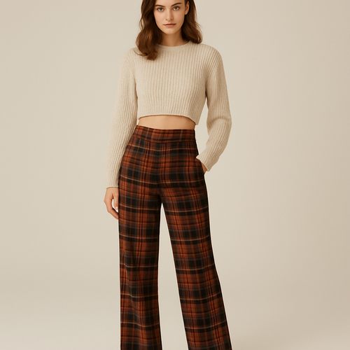 Plaid bottoms/ cropped sweater top
