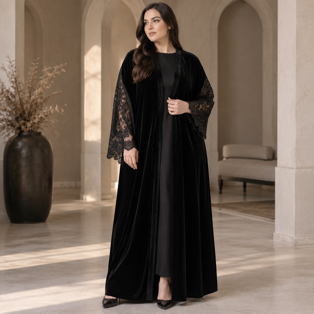 photorealistic fashion design, photorealistic fashion design, A Abaya design, made of Velvet, with a soft, cosy hand, with a Relaxed silhouette, with modest, full coverage: longer hemlines, higher necklines and covered shoulders, in a Monochrome color palette, suitable for Winter, suited to a Cold climate, in Elegant + Bohemian style, shown on a model with fair skin and a curvy figure Present it as professional fashion catalogue photography: the garment is the subject, shown full-length with editorial styling, neutral posing and tasteful, non-suggestive framing., elegant style, just the design no text. Refinement: الأكمام دانتيل ولون القماش اسود, just the design no text. Refinement: العبايه مفتوحه من قدام
photorealistic fashion design, photorealistic fashion design, photorealistic fashion design, A Abaya design, made of Velvet, with a soft, cosy hand, with a Relaxed silhouette, with modest, full coverage: longer hemlines, higher necklines and covered shoulders, in a Monochrome color palette, suitable for Winter, suited to a Cold climate, in Elegant + Bohemian style, shown on a model with fair skin and a curvy figure Present it as professional fashion catalogue photography: the garment is the subject, shown full-length with editorial styling, neutral posing and tasteful, non-suggestive framing., elegant style, just the design no text. Refinement: الأكمام دانتيل ولون القماش اسود, just the design no text. Refinement: العبايه مفتوحه من قدام , just the design no text
