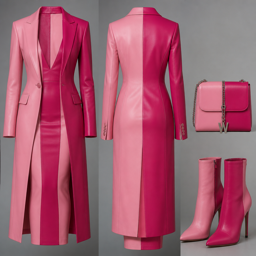 No model only outfit , pink and fuschia leather coat one button and dress , and a bag half pink /fuschia with a chain W and so hanging down dress with a deep V In the front , and the rest is form fitting dress . Two tone boots hidden zipper boots nice he
photorealistic fashion design, No model only outfit , pink and fuschia leather coat one button and dress , and a bag half pink /fuschia with a chain W and so hanging down dress with a deep V In the front , and the rest is form fitting dress . Two tone boots hidden zipper boots nice he , leather style, just the design no text, show front and back
