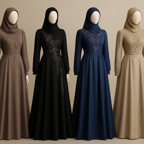 Create me modest dresses that's first in the world, using unique stone design, classy and sophisticated. Keep me 4 designs. Make them rich by adding minimal stone embroidery and stones designs. Showcasing different styles and fabric.