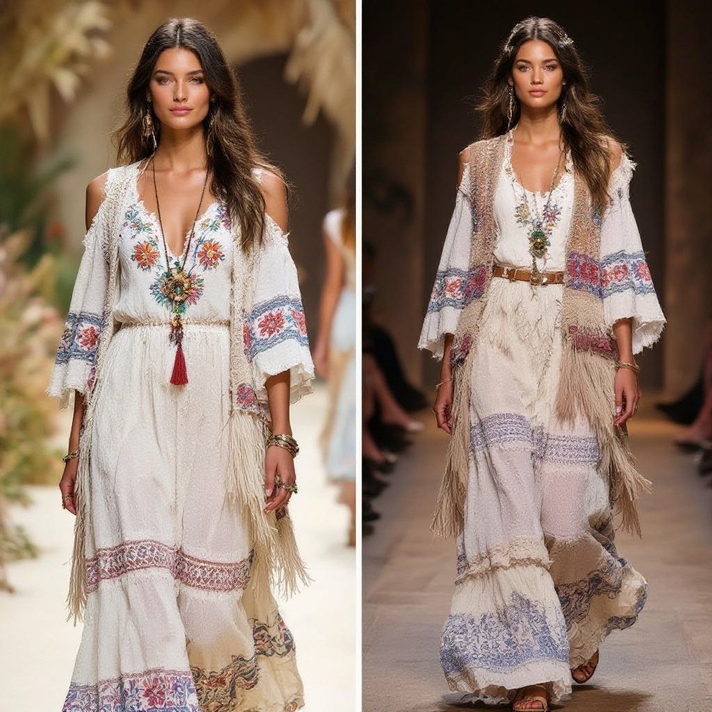 Dress with jacket old money style
Boho Chic fashion: Flowy cotton dress, embroidered details, fringe vest. Layers, natural fabrics, earthy tones, relaxed fit.