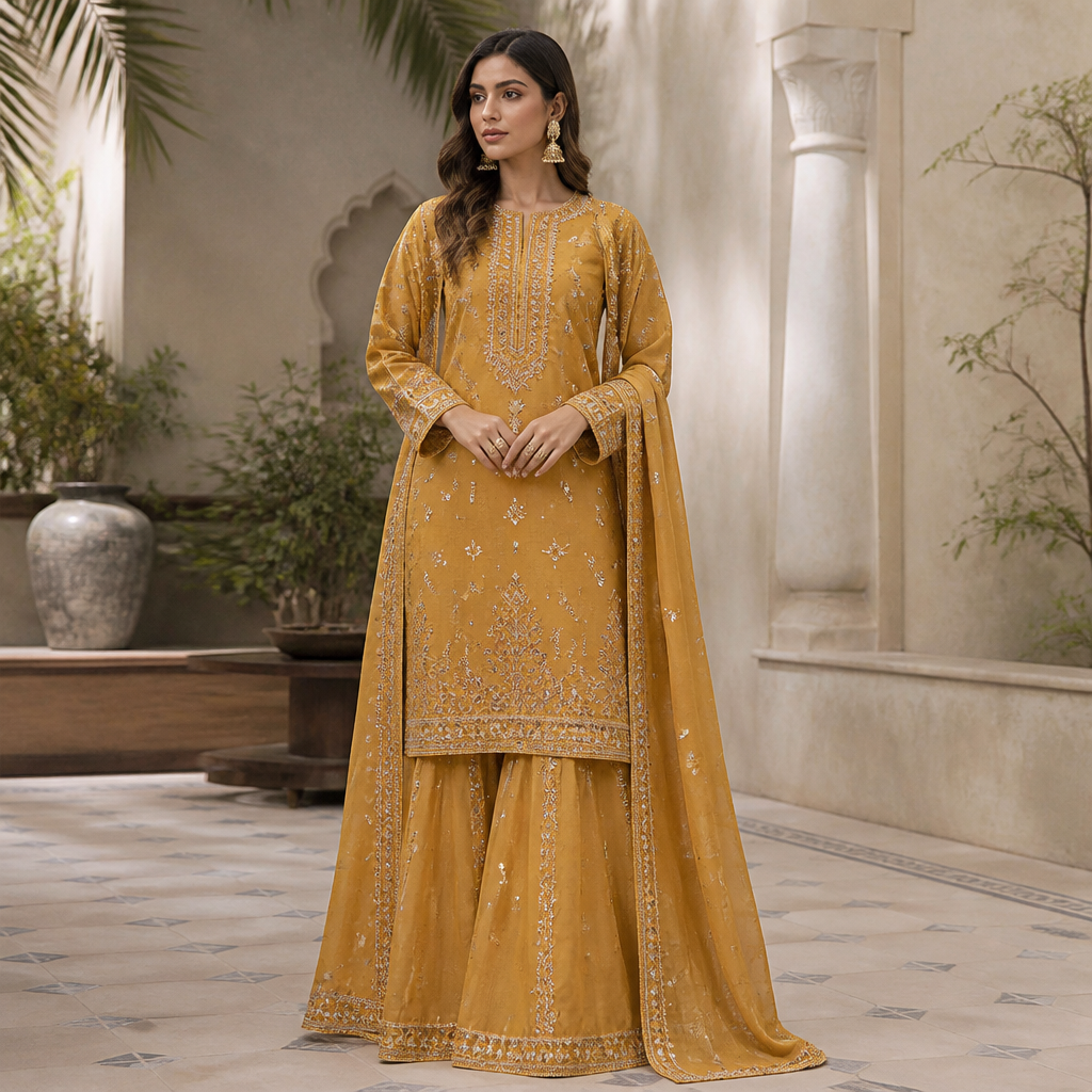 A Female Dress design, suitable for Fall. Consider Pakistani fashion — shalwar kameez, gharara, sharara; lawn fabrics, chiffon; intricate embroidery and mirror work. Current season is Autumn in Pakistan. Present it as professional fashion catalogue photography: the garment is the subject, shown full-length with editorial styling, neutral posing and tasteful, non-suggestive framing.
photorealistic fashion design, A Female Dress design, suitable for Fall. Consider Pakistani fashion — shalwar kameez, gharara, sharara; lawn fabrics, chiffon; intricate embroidery and mirror work. Current season is Autumn in Pakistan. Present it as professional fashion catalogue photography: the garment is the subject, shown full-length with editorial styling, neutral posing and tasteful, non-suggestive framing., just the design no text