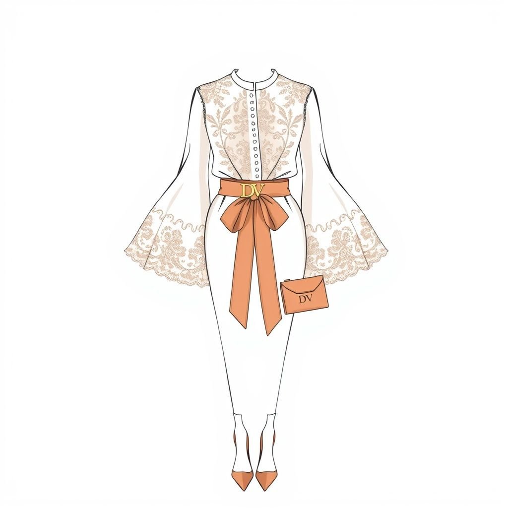 Women's Double-Layer flare Sleeve Tie-Front Blouse, with a belt around waist that says “DV” and “DV” on tag inside shirt. With heels on that has “DV” on bottom and a purse with DV on it to match the skirt and heels
Create an elegant women's ensemble featuring a luxurious double-layer flare sleeve blouse tied at the front, adorned with intricate lace detailing. Highlight a cinched waist with a designer belt bearing the initials "DV." Pair with chic, stiletto heels stamped with "DV" and a matching purse, exuding timeless sophistication and grace.