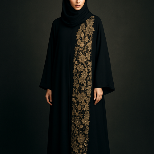 The Gold Veil Lace Abaya
Tone: Black Design: A soft lace panel on one side with gold floral embroidery and crystals.