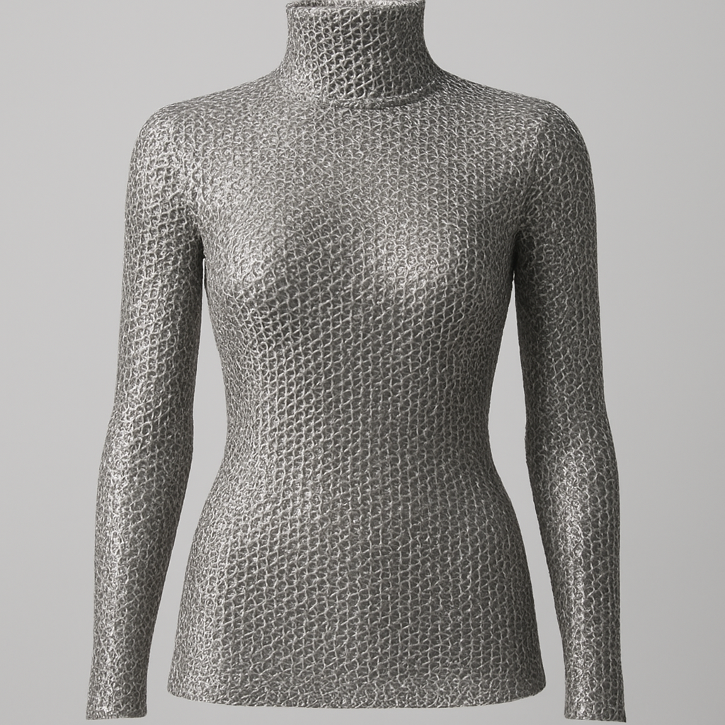 Silver chain mail long sleeve top with polo neck
Silver chain mail long sleeve top with polo neck