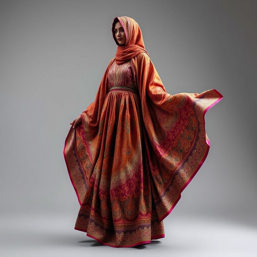An abaya crafted from a vibrant, vintage sari. The fabric is a mix of silk and intricate patterns. The design incorporates the sari's original borders and embellishments as accents. The overall look is a fusion of traditional and modern styles
Envision a flowing abaya made from a vibrant vintage sari, blending rich silk with intricate paisley and floral patterns. The design elegantly drapes, featuring the sari's original ornate borders as statement accents. Embellishments of shimmering sequins add a modern twist, resulting in a captivating fusion of heritage and contemporary grace.