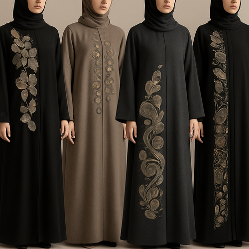 Create a modest abaya that's the first of its kind, featuring a unique stone design that exudes a classy and sophisticated vibe. I'd like four designs, each showcasing different styles and fabrics.Incorporate high-end, unique chic stone designs to make them truly special. And add little cute touch of sophisticated stone designs. Add huge flower and unique designs.