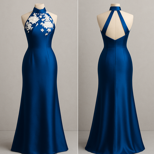 Blue silk hourglass with light white flowers on the top and a halter neck