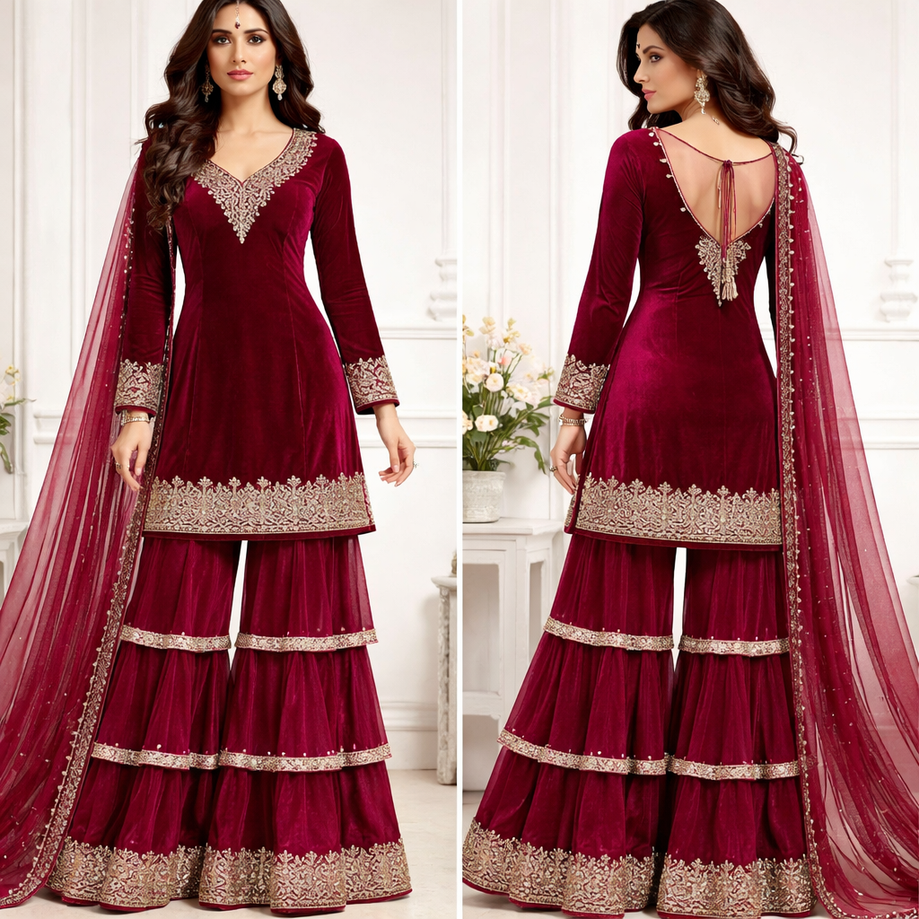 Ok make image kruti plan rhe gi v neck or neck pr design rhe gi border ki or kruti ki end moti se border rhe gi or pant layered sharara with pearl lace on each tier and heavy border at bottom, dupatta soft net with pearl border.” color velvet darrk pink
Ok make image kruti plan rhe gi v neck or neck pr design rhe gi border ki or kruti ki end moti se border rhe gi or pant layered sharara with pearl lace on each tier and heavy border at bottom, dupatta soft net with pearl border.” color velvet darrk pink
, indian style, show front and back