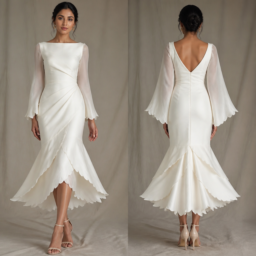 A Female Dress design, made of Silk, for Formal, suitable for Summer, in Formal + Elegant + Cottagecore style. inspired by white dove. but practical. formal wear. silhouette is like a dove flared overlapping. mermaid tiny long sleeve and flared long to knees. a dress. Ivory color. Sri Lanka fashion aesthetics.
photorealistic fashion design, A Female Dress design, made of Silk, for Formal, suitable for Summer, in Formal + Elegant + Cottagecore style. inspired by white dove. but practical. formal wear. silhouette is like a dove flared overlapping. mermaid tiny long sleeve and flared long to knees. a dress. Ivory color. Sri Lanka fashion aesthetics., formal style, just the design no text, show front and back