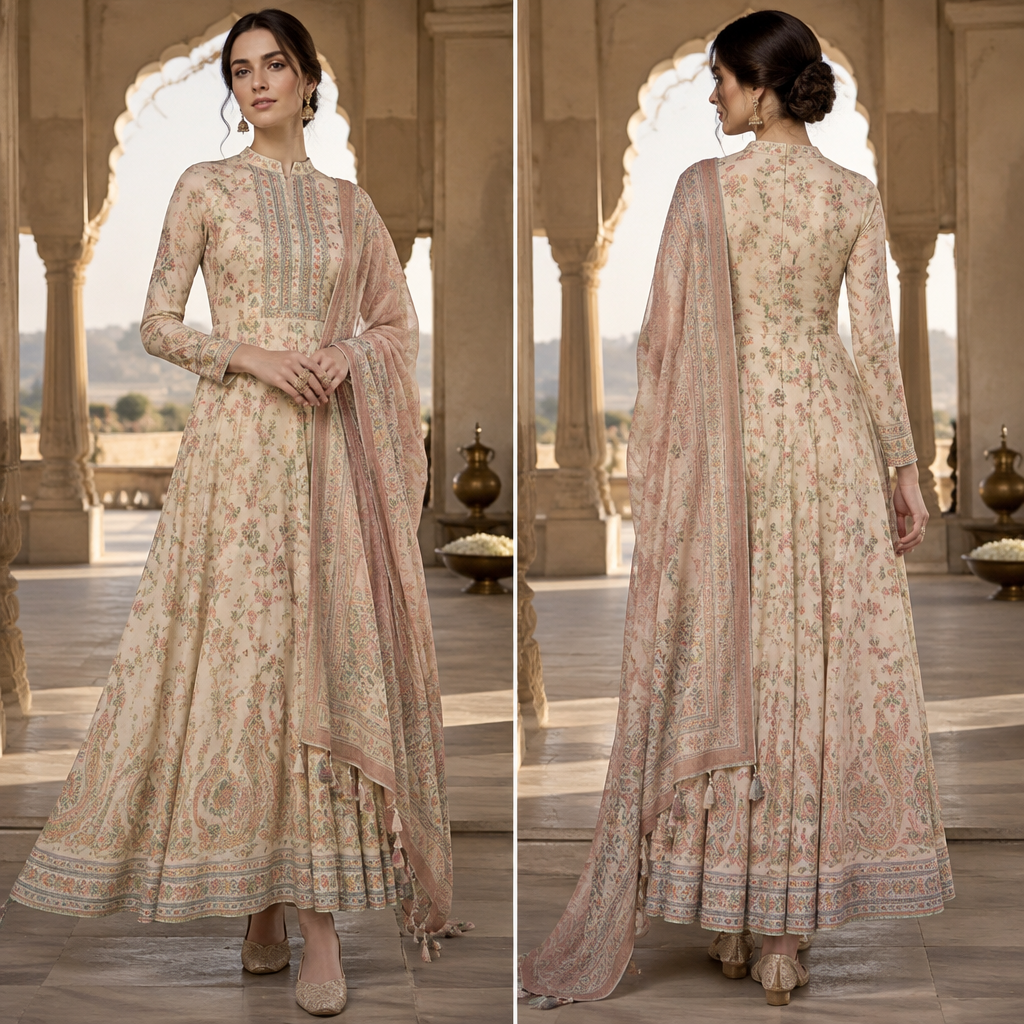 A Female Dress design, made of Cotton, with a light, flowing drape, with a Fitted silhouette, with modest, full coverage: longer hemlines, higher necklines and covered shoulders, in a Pastels color palette, for Festival, suitable for Fall, suited to a Humid climate, in Glamorous style, shown on a model with fair skin and a tall figure. India fashion aesthetics. Present it as professional fashion catalogue photography: the garment is the subject, shown full-length with editorial styling, neutral posing and tasteful, non-suggestive framing.
photorealistic fashion design, A Female Dress design, made of Cotton, with a light, flowing drape, with a Fitted silhouette, with modest, full coverage: longer hemlines, higher necklines and covered shoulders, in a Pastels color palette, for Festival, suitable for Fall, suited to a Humid climate, in Glamorous style, shown on a model with fair skin and a tall figure. India fashion aesthetics. Present it as professional fashion catalogue photography: the garment is the subject, shown full-length with editorial styling, neutral posing and tasteful, non-suggestive framing., glamorous style, just the design no text, show front and back