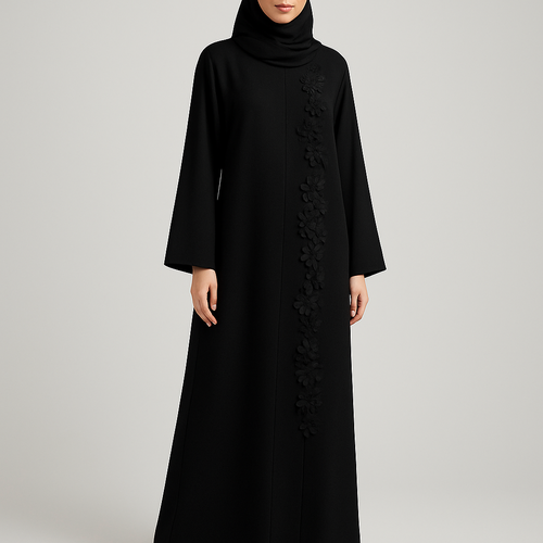 The Classic Floral Side-Line Abaya
Tone: Jet Black Design: A straight line of delicate 3D flowers + stones running down one side only. Why it will sell: Very slimming, minimal, elegant — perfect for everyday + occasions.