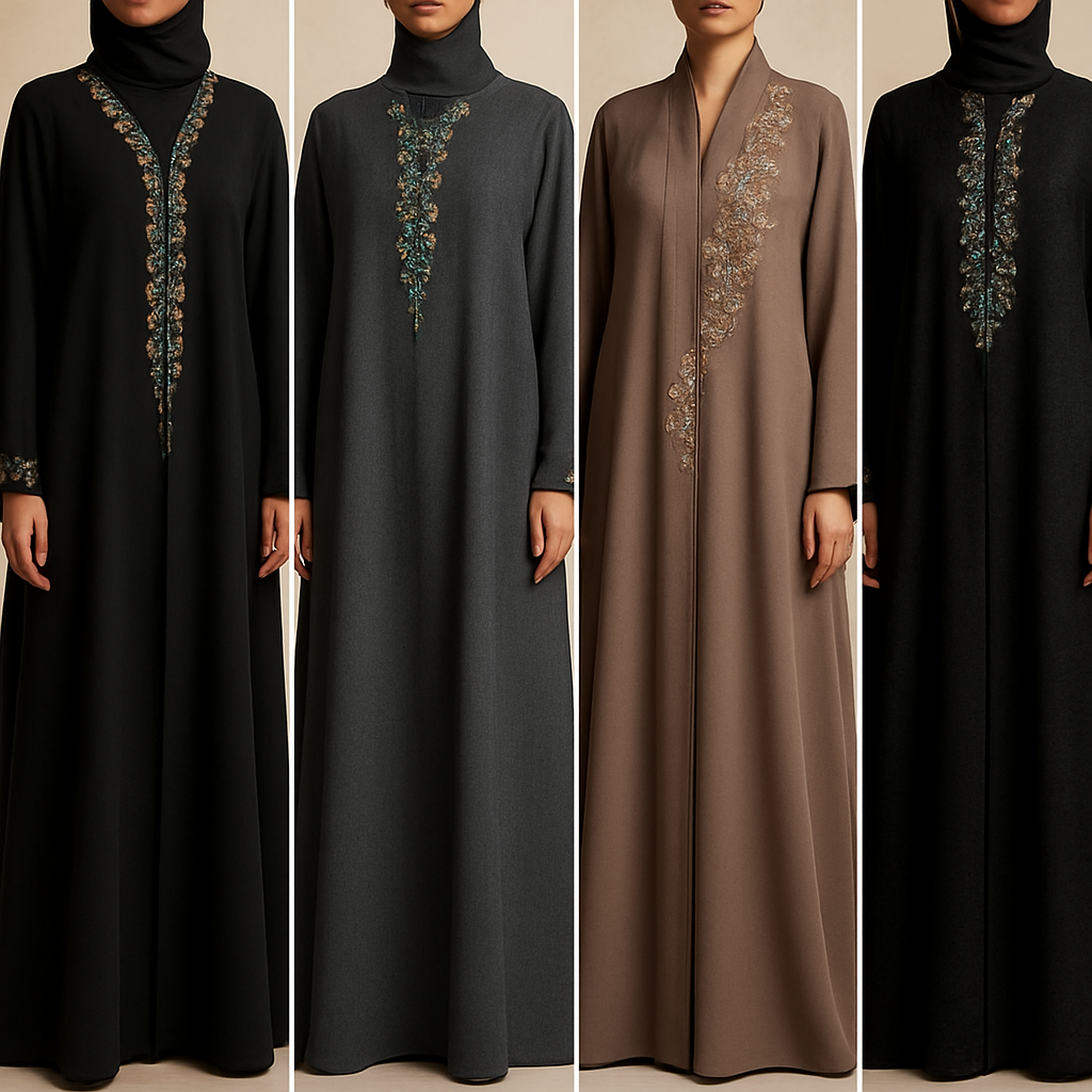 Create me modest abaya that's first in the world, using unique stone design, classy and sophisticated. Keep me 4 designs. Make them rich by adding unique chic stone high end designs and . Showcasing different styles and fabric.
Create me modest abaya that's first in the world, using unique stone design, classy and sophisticated. Keep me 4 designs. Make them rich by adding unique chic stone high end designs and . Showcasing different styles and fabric.