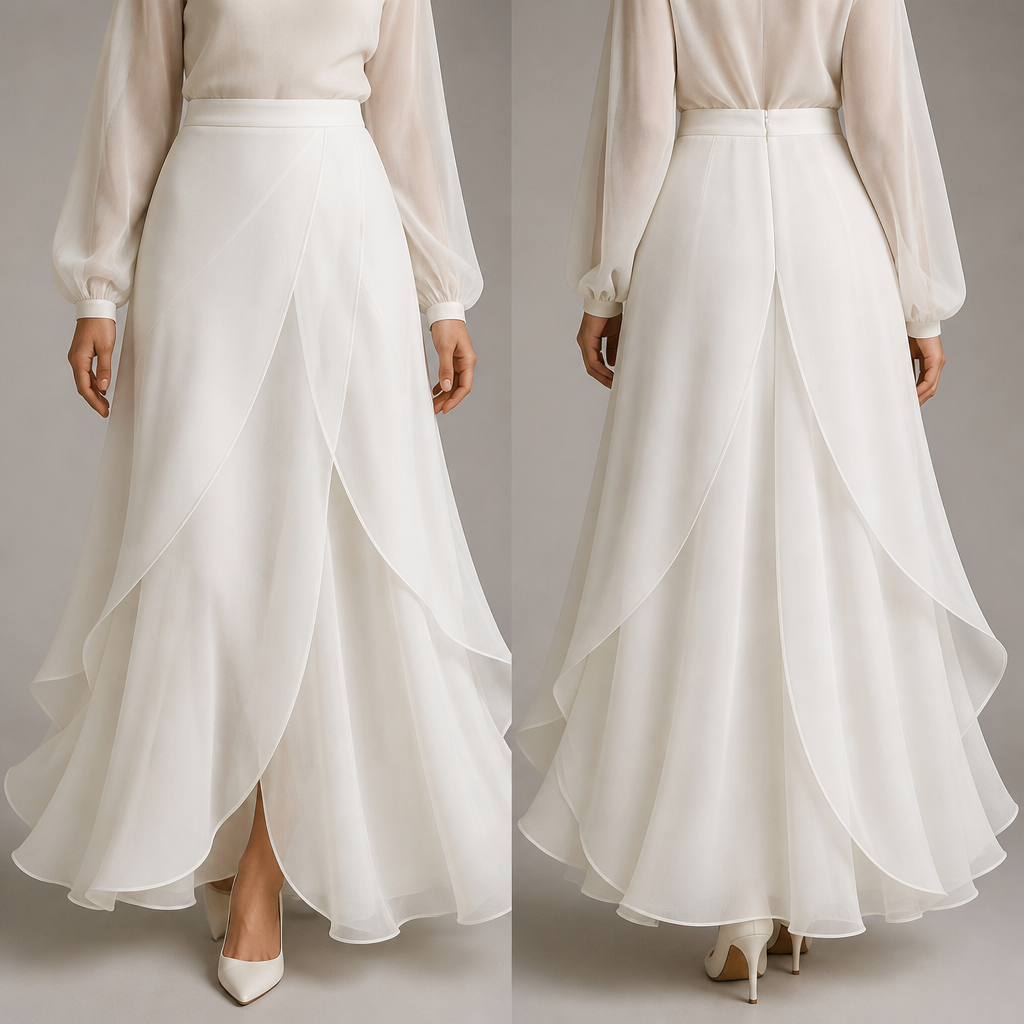 A Skirt design, made of Chiffon, for Formal, in Elegant + Minimalist + Formal style. inspired by white dove, but practical . formal relax elegant... flared. Design with modest coverage.
photorealistic fashion design, A Skirt design, made of Chiffon, for Formal, in Elegant + Minimalist + Formal style. inspired by white dove, but practical . formal relax elegant... flared. Design with modest coverage., elegant style, just the design no text, show front and back