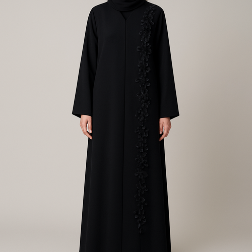 The Classic Floral Side-Line Abaya
Tone: Jet Black Design: A straight line of delicate 3D flowers + stones running down one side only. Why it will sell: Very slimming, minimal, elegant — perfect for everyday + occasions.