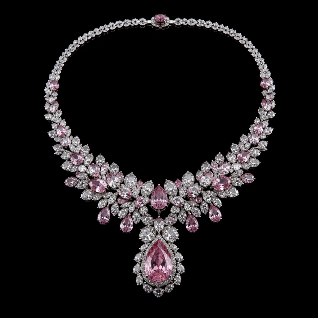 Pink Diamond Necklace, Black Background, Product Photo
photorealistic fashion design, Pink Diamond Necklace, Black Background, Product Photo, haute_couture style, just the design no text