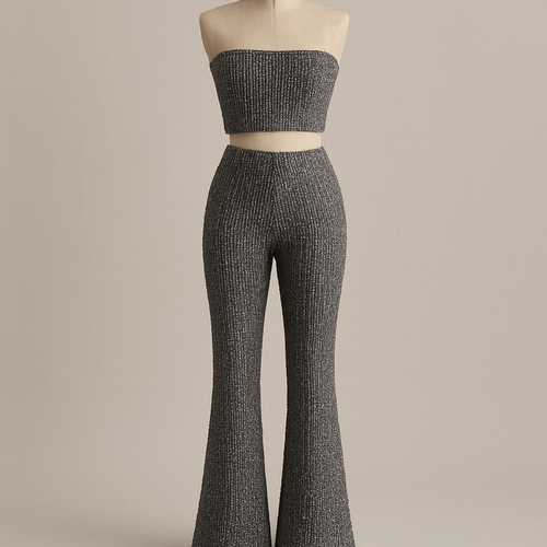 Can you create dark silver sequin tight flare trousers with matching strapless sequin corset top that comes to the belly button
Im looking for different sequins ones that look hand sewn as if the trousers are knitted
Instead of sequins can they be finely beaded and less flared slightly lower waist
