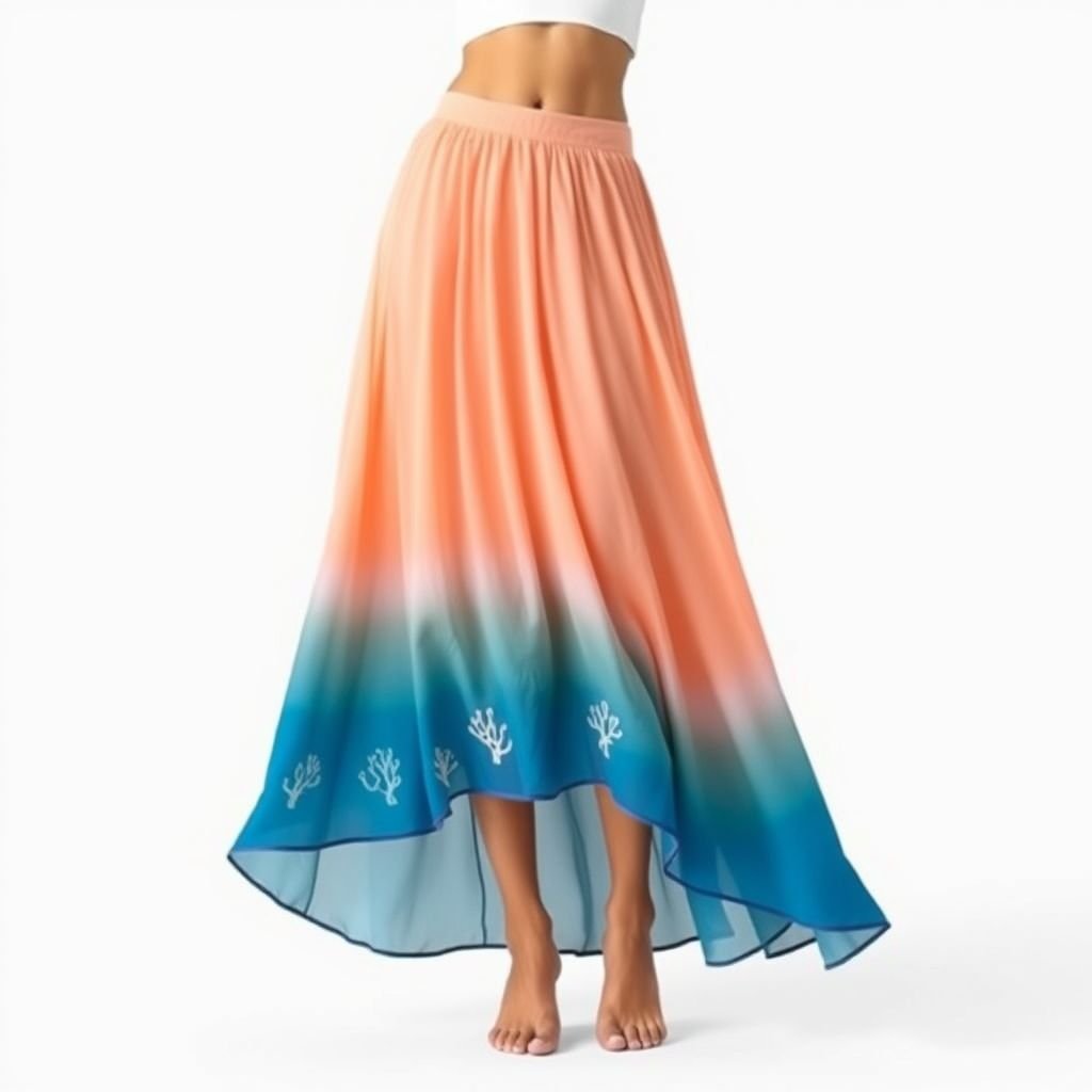''c'j skirt
Design a contemporary maxi skirt, crafted from vibrant, lightweight chiffon. The skirt features an ombré effect transitioning from deep ocean blue to soft peach, mimicking sunrise hues. An asymmetrical hemline dances with movement, adorned with delicate hand-embroidered coral motifs. Pair it with a minimalist cropped top for a chic, beach-ready look.