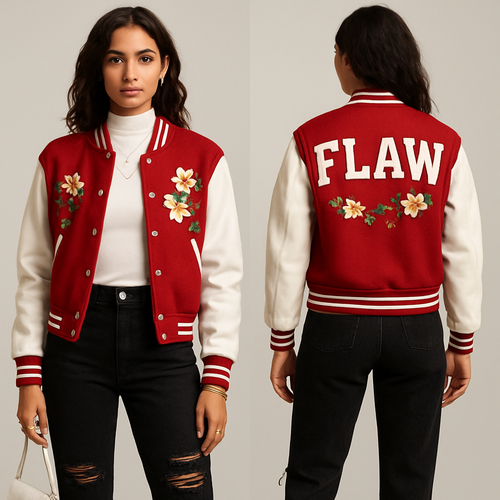 Red letterman jacket with FLAW on it with flowers white turtleneck short sleeves 
Gold necklace 
Black ripped jeans white heel boots gold rings Gold bracelet 
White crossbody purse 
