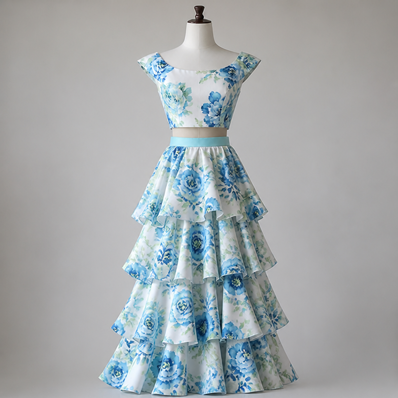 Keep the same pattern and color and make it into a two-piece with a murmurous style skirt long
edit the attached fashion design with these instructions: Keep the same pattern and color and make it into a two-piece with a murmurous style skirt long. keep it photorealistic, just the design no text