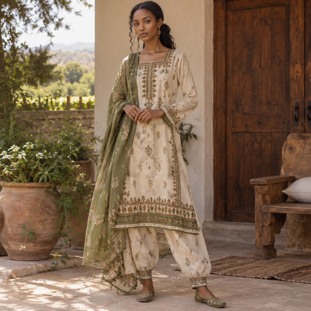 A Salwar Kameez design, in Cottagecore style. Ethiopia fashion aesthetics. Present it as professional fashion catalogue photography: the garment is the subject, shown full-length with editorial styling, neutral posing and tasteful, non-suggestive framing.
photorealistic fashion design, A Salwar Kameez design, in Cottagecore style. Ethiopia fashion aesthetics. Present it as professional fashion catalogue photography: the garment is the subject, shown full-length with editorial styling, neutral posing and tasteful, non-suggestive framing., cottagecore style, just the design no text