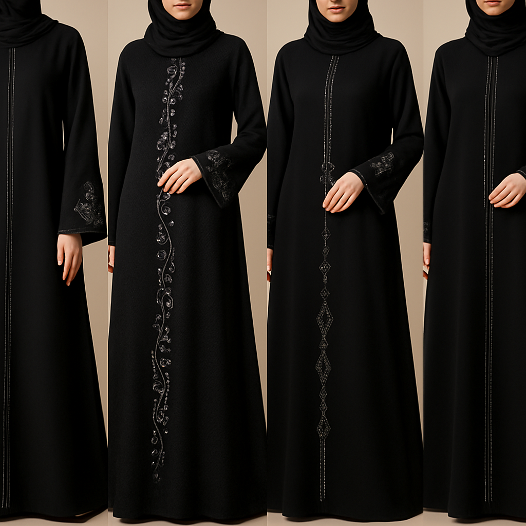 Create me modest abaya that's first in the world, using unique stone design, classy and sophisticated. Keep me 4 designs. Make them rich by adding minimal chic stone embroidery and stones designs. Showcasing different styles and fabric.
Create me modest abaya that's first in the world, using unique stone design, classy and sophisticated. Keep me 4 designs. Make them rich by adding minimal chic stone embroidery and stones designs. Showcasing different styles and fabric.