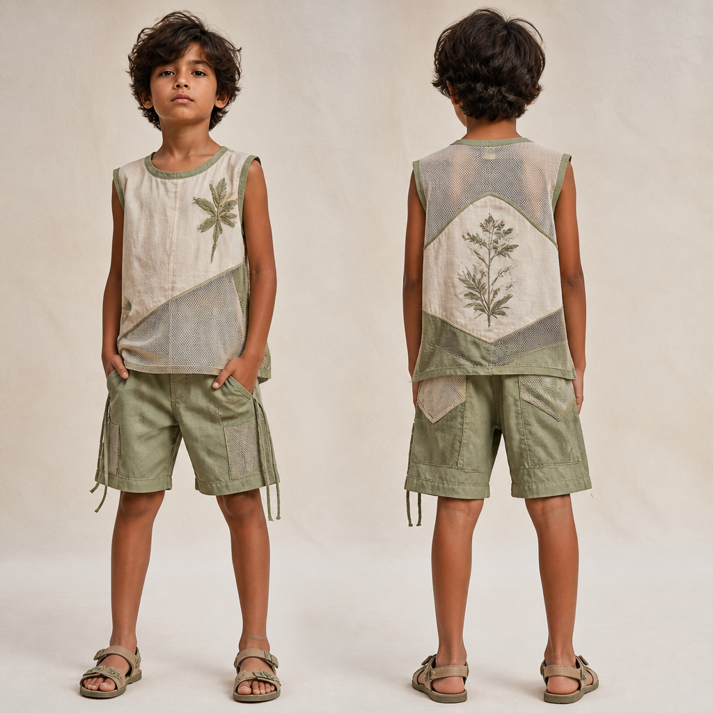 Solarpunk, kids male summer
photorealistic fashion design, Solarpunk, kids male summer , bohemian style, just the design no text, show front and back