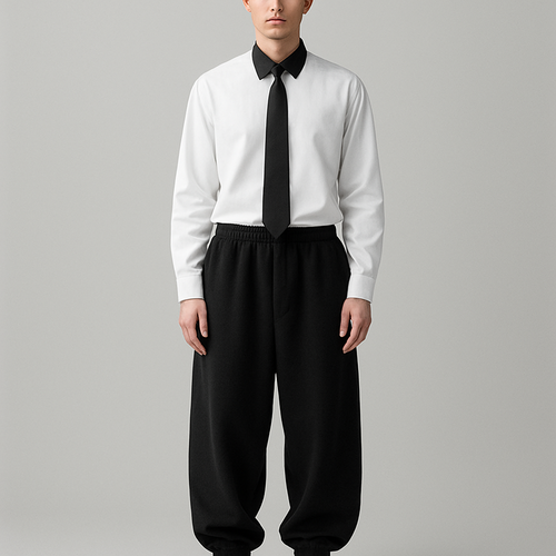 White plain long sleeve shirt with black button shirt up underneath showing black collar and oversized black sweat pants  and add a tie, show head to toe. Make sure collar is not white