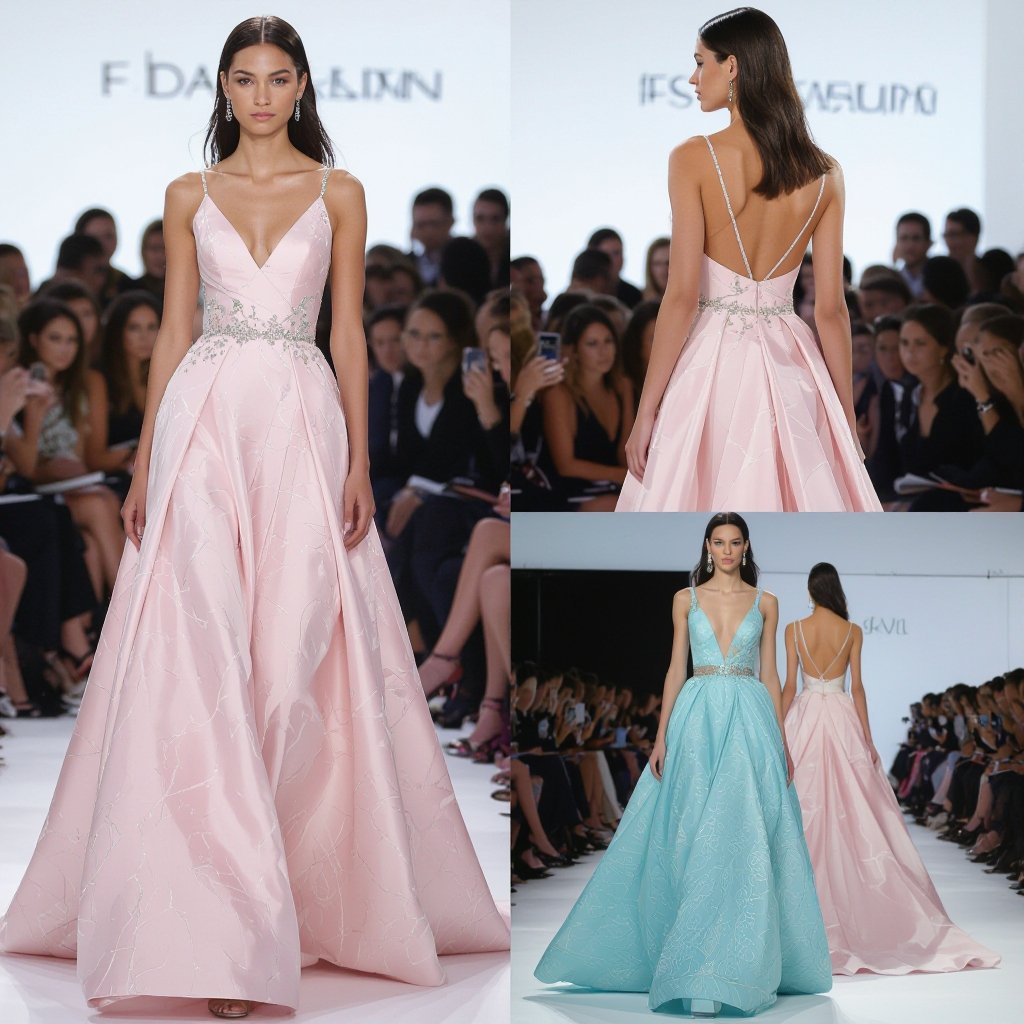Pink evening gown long train with sparkles
Pink silk evening gown, A-line cut, long train with crystal embellishments, V-neck, and delicate spaghetti straps.