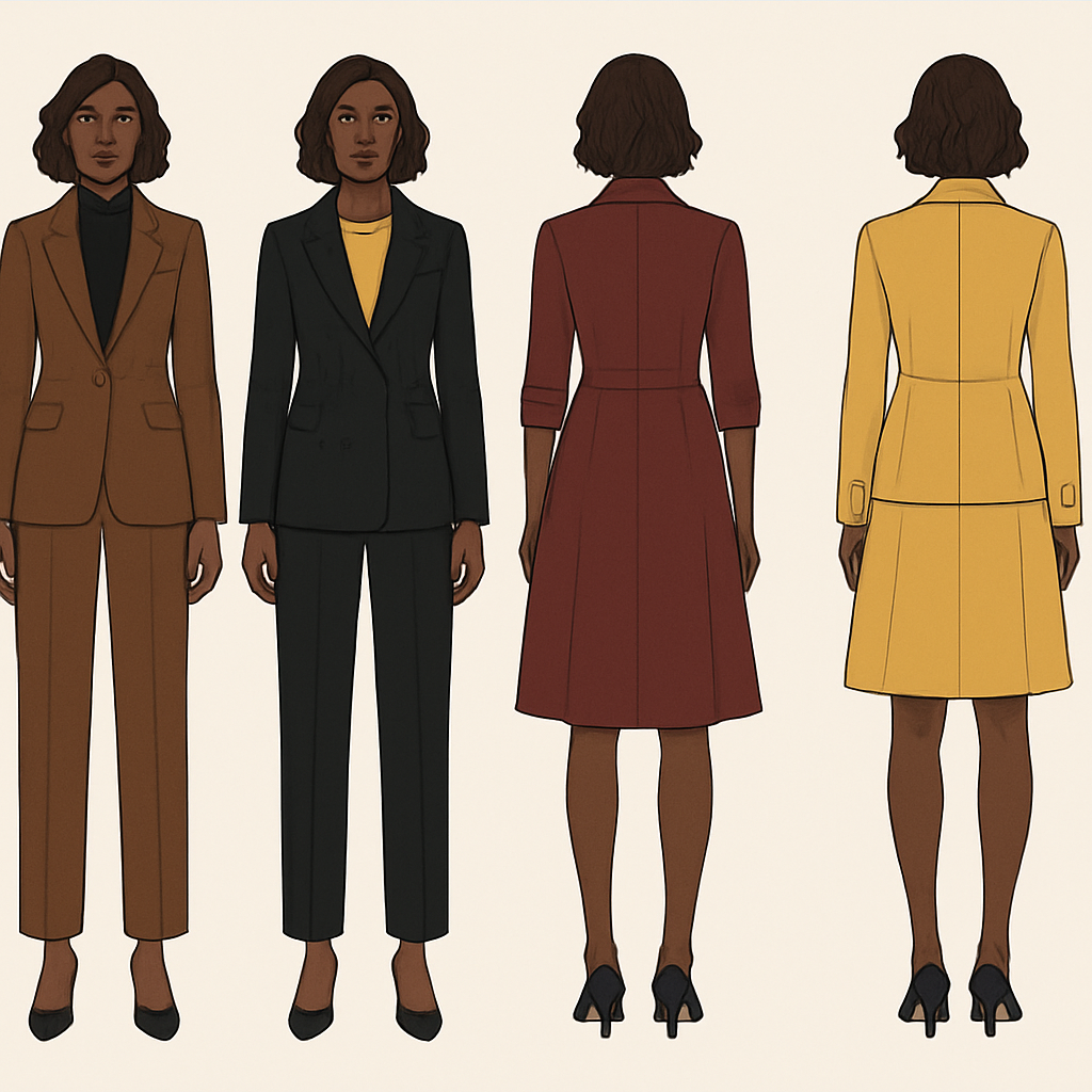 Capsule, Collection, brown female, suits, slacks, blazers tops, dresses. in Following colors browns, black, maroon yellow.
Capsule, Collection, brown female, suits, slacks, blazers tops, dresses. in Following colors browns, black, maroon yellow. , preppy_chic style, show front and back