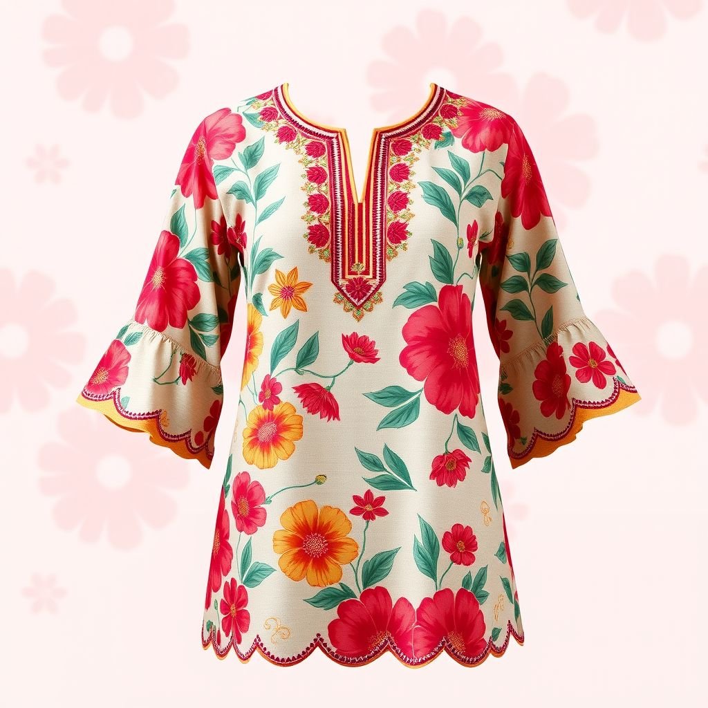 Want to create short kurti
Design an enchanting short kurti with a fusion of traditional and contemporary styles. Picture vivid floral print silk in vibrant hues, adorned with intricate hand-embroidered motifs along the neckline. Sport a slight A-line silhouette, with playful bell sleeves and a scalloped hem, perfect for casual outings or festive occasions.