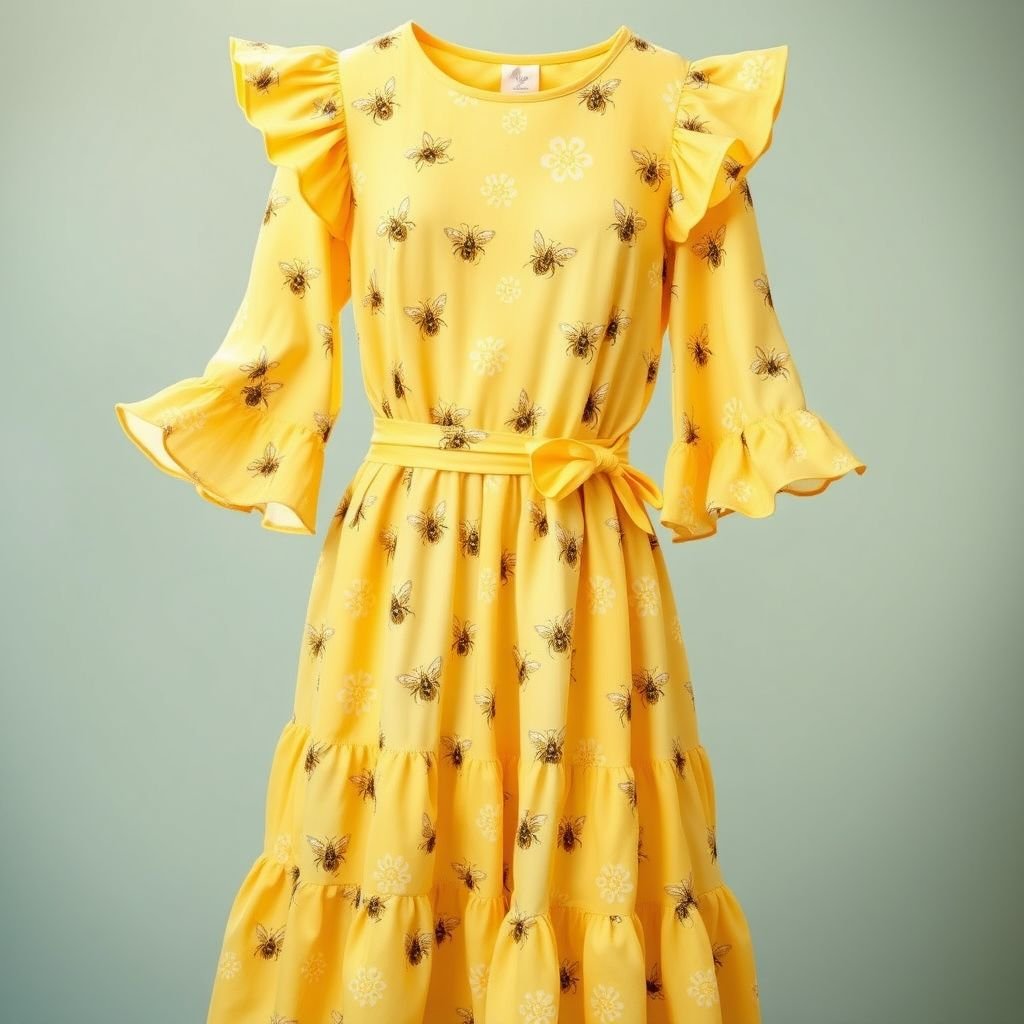 A honey bee & honey comb themed spring day dress.
Envision a playful spring day dress inspired by the delicate beauty of honey bees and honeycombs. The fabric showcases vibrant yellows and soft pastels, adorned with intricate bee motifs and hexagonal patterns. Flowing sleeves mimic flower petals, while a cinched waist and tiered skirt create a whimsical silhouette, perfect for sunlit picnics.